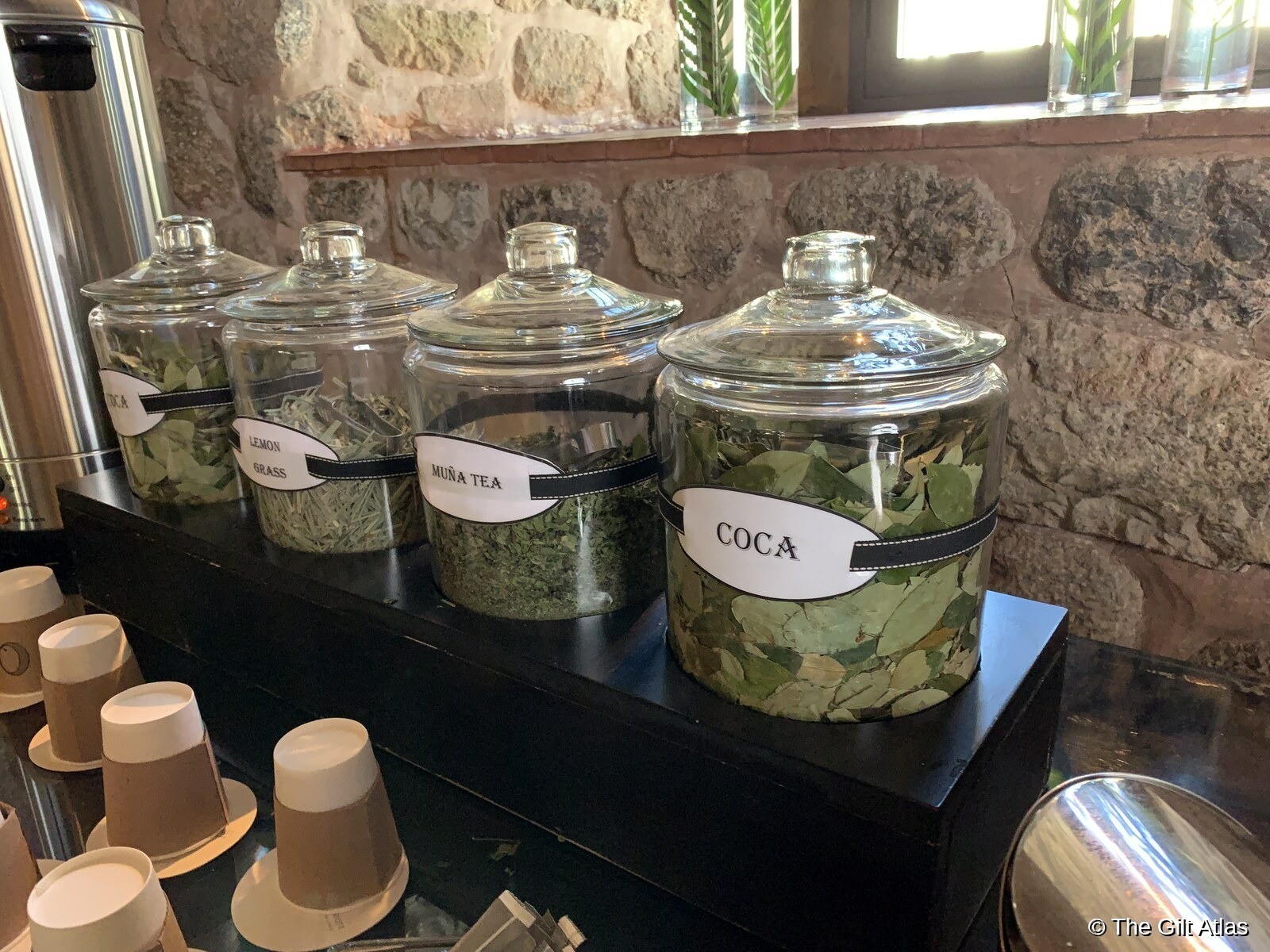 Coca, muña and lemon grass tea jars at the JW Marriott Cusco