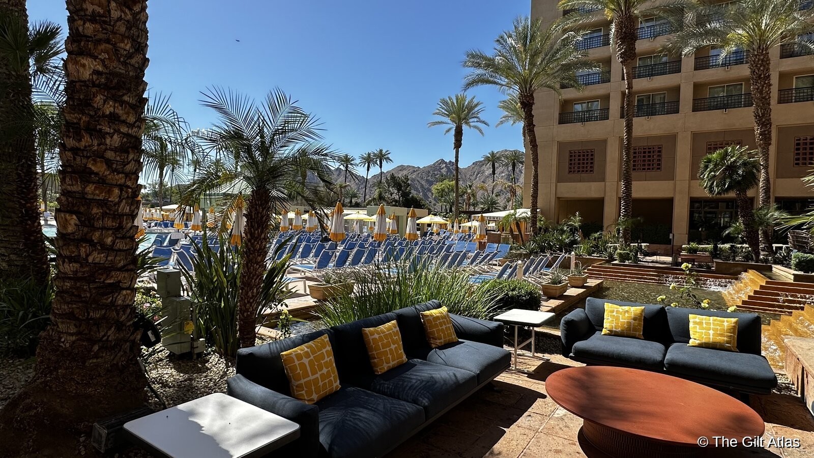 Renaissance Esmeralda pool terrace with hotel and Santa Rosa Mountains