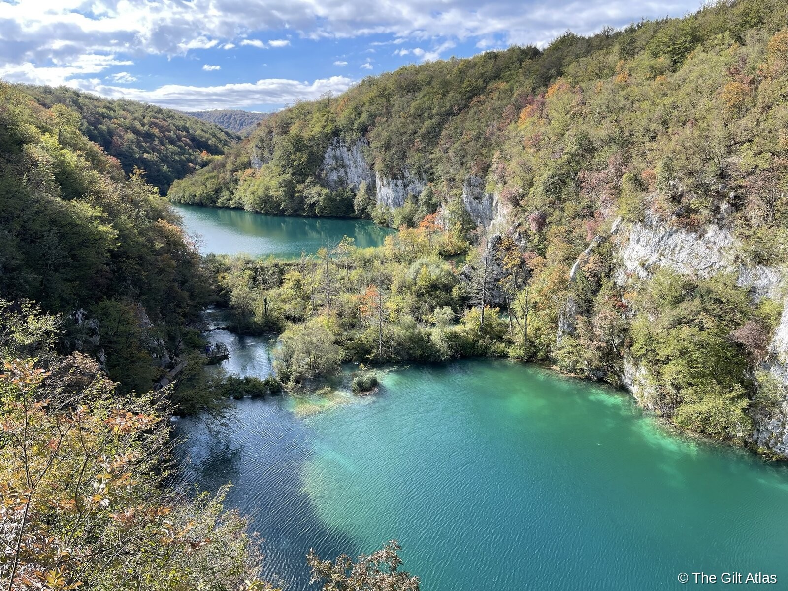 Aerial view of Plitvice Lakes turquoise water