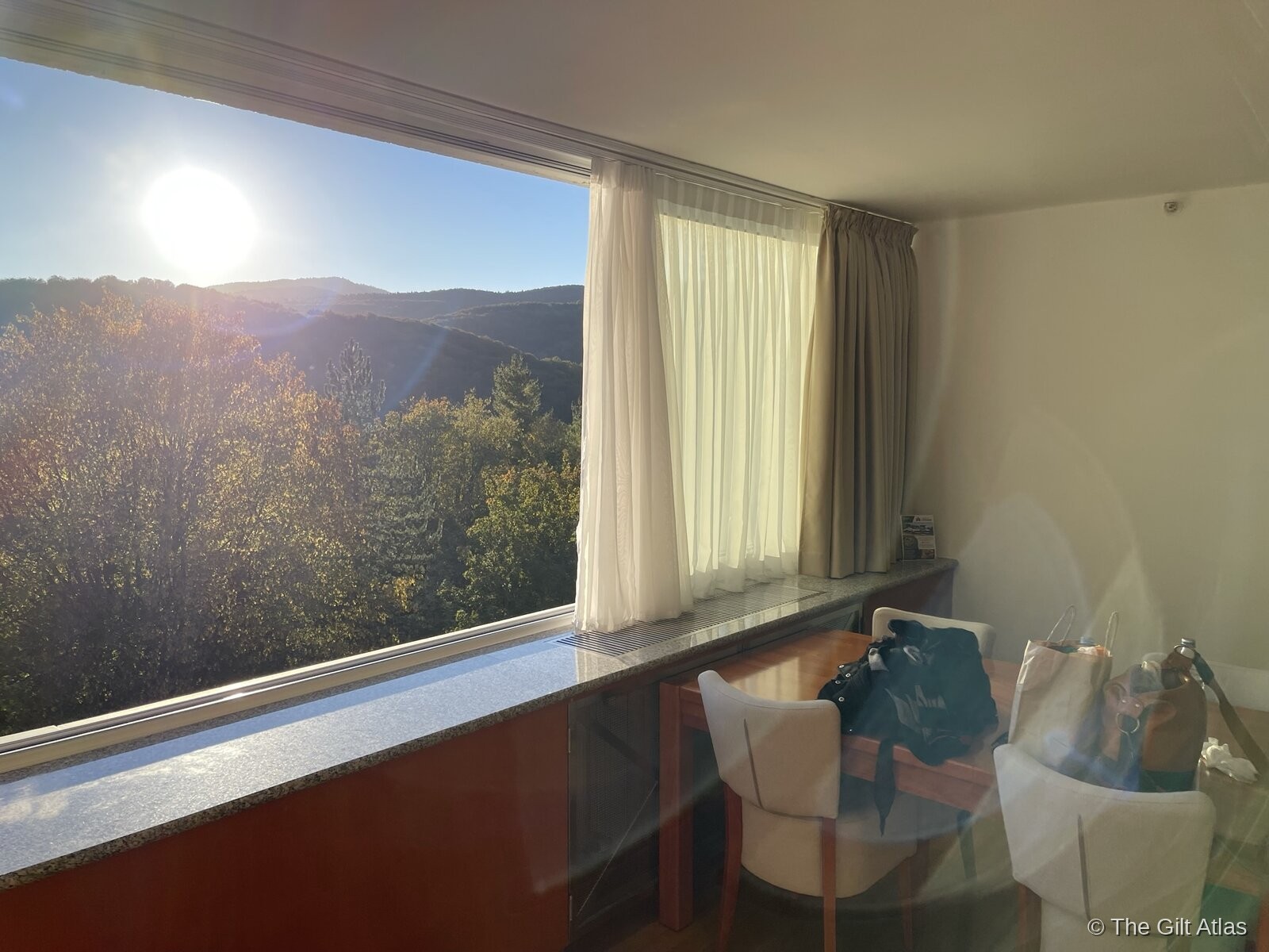 View through hotel room window toward Plitvice Lakes