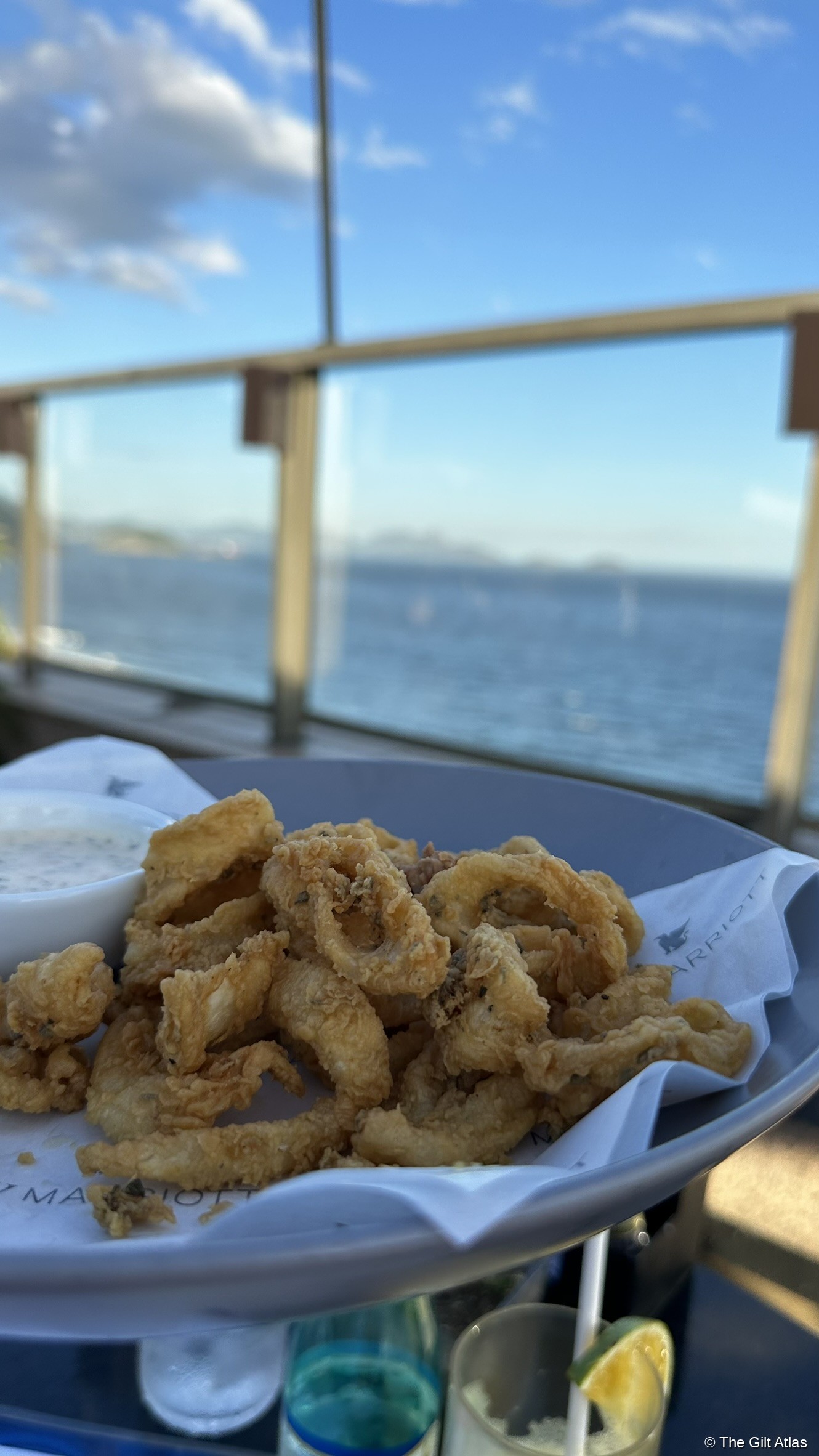 Calamari served at JW Marriott Rio rooftop bar, ocean and bay visible through glass railings behind