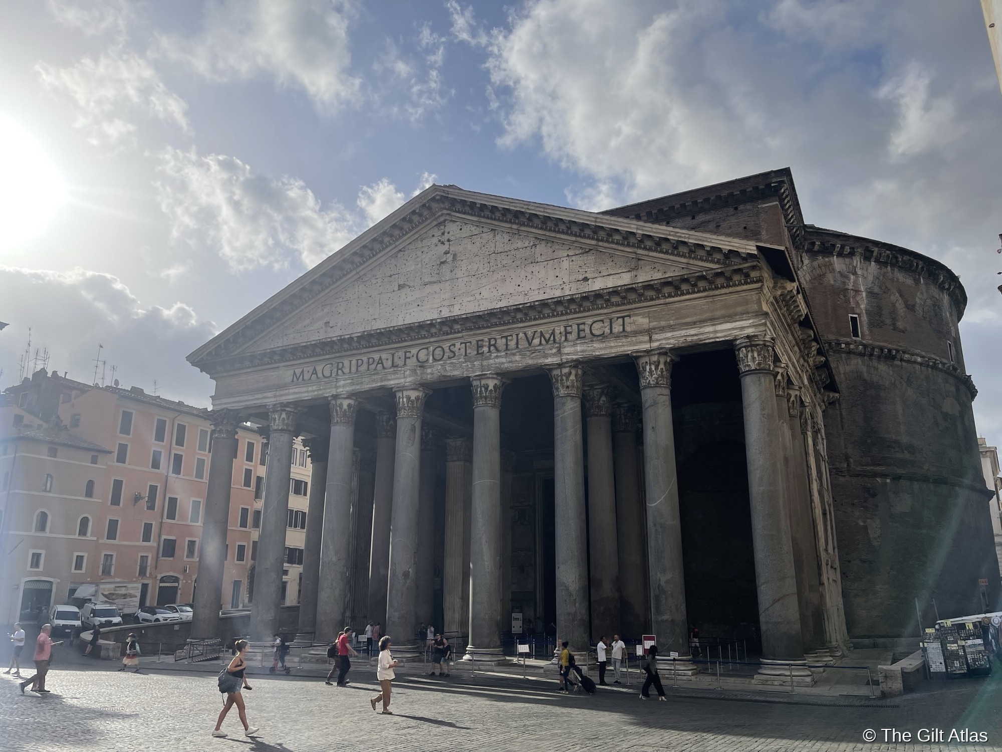 The Pantheon from Piazza della Rotonda — portico, obelisk, and Baroque fountain in the foreground