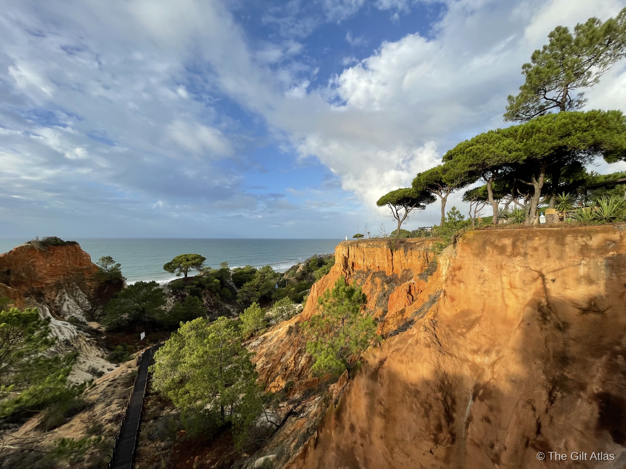 The ochre and terracotta sandstone cliffs at Pine Cliffs with maritime pine trees silhouetted on the clifftop and the Atlantic visible beyond