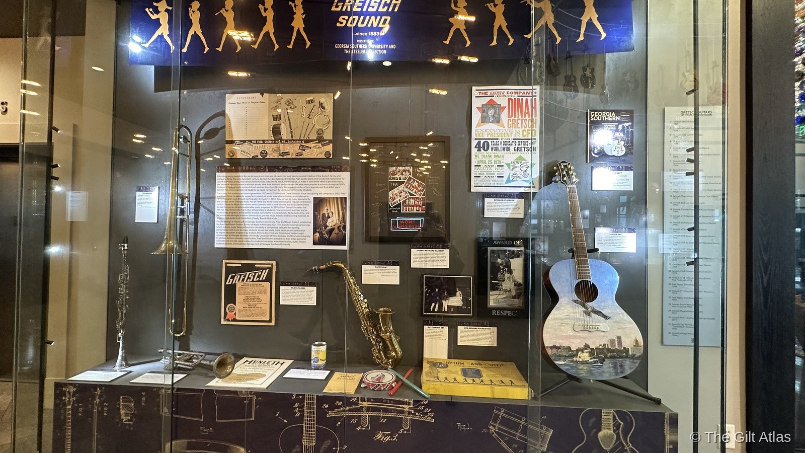 The Gretsch Sound exhibit in Plant Riverside District — a museum-quality display of vintage instruments, memorabilia, posters, and the history of the Gretsch drum and guitar company founded in Brooklyn