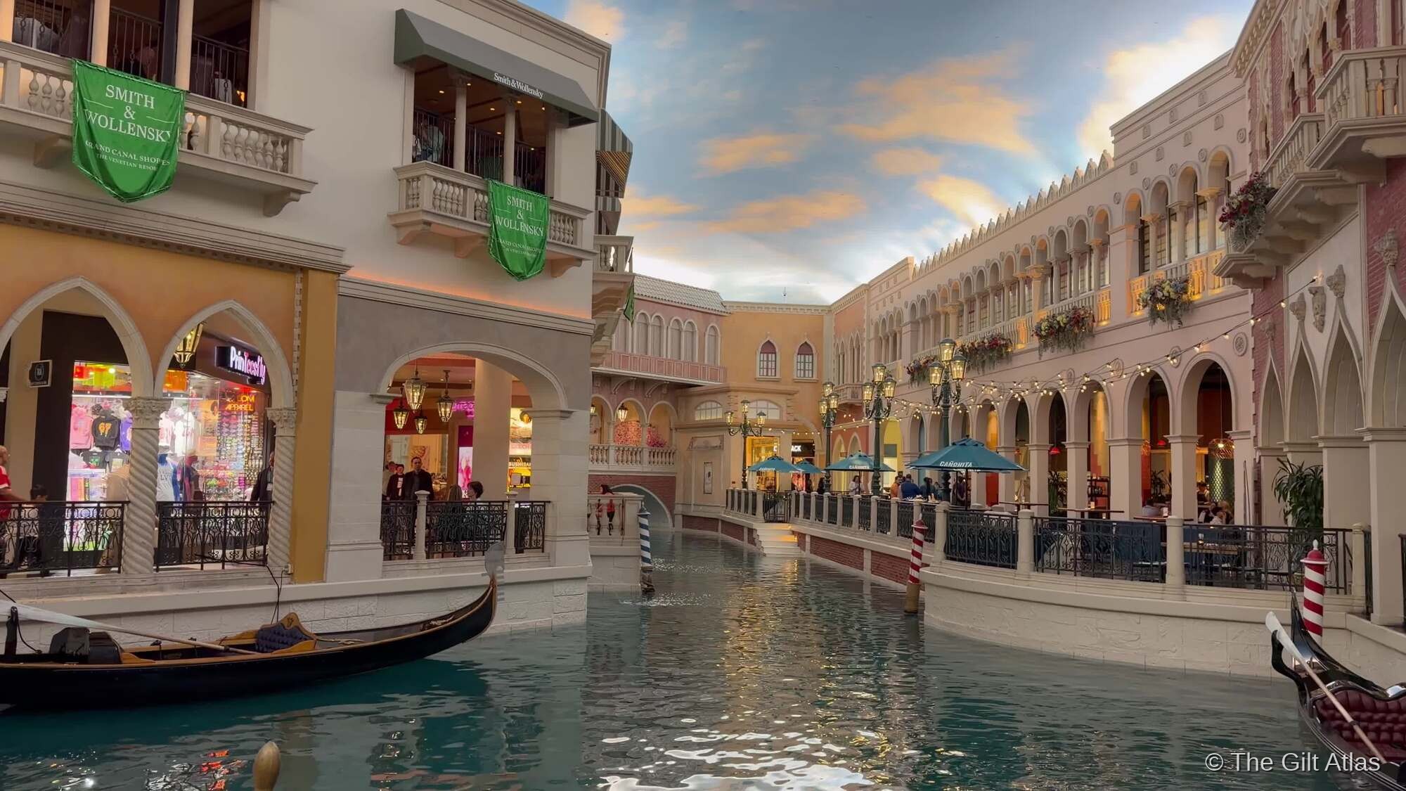 The Grand Canal Shoppes at The Venetian — gondolas on the indoor canal beneath a painted sky ceiling