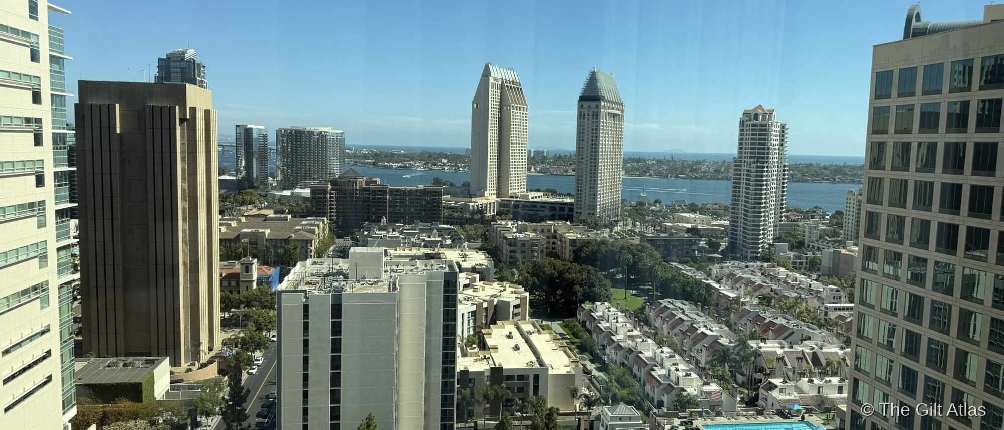 San Diego Bay and downtown skyline viewed from the 23rd floor of the Westin San Diego Bayview — One America Plaza and Symphony Towers in the center, the bay and Coronado beyond